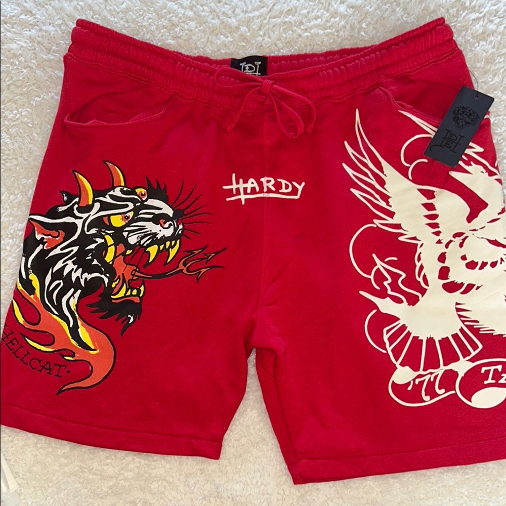 NWT Ed Hardy Vibrant Red Athletic Shorts with Bold Graphics